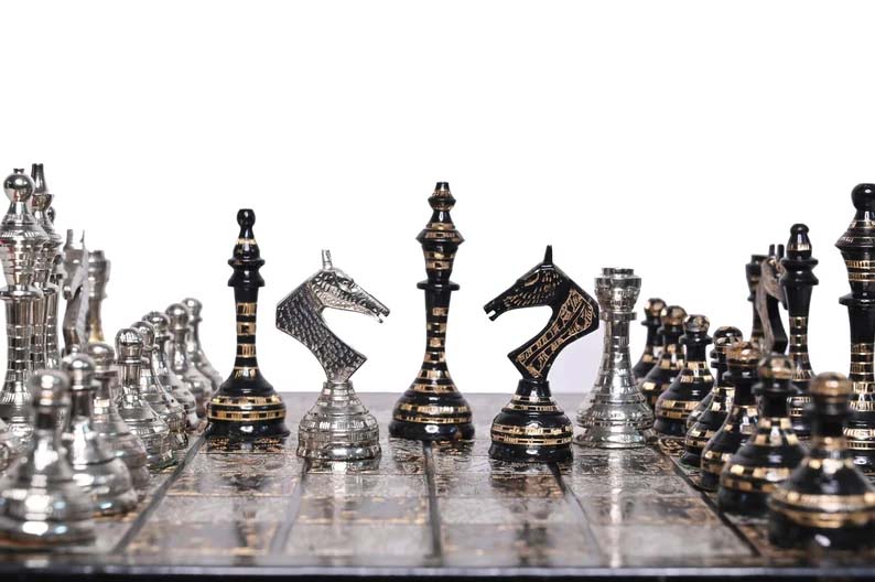 14″ Handcrafted Russian Soviet Series Metal Chess Pieces & Board Set with velvet storage box | Brass Metal Luxury Chess Set | Quad Weighted