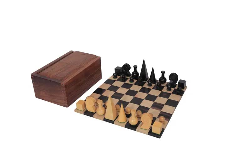 Reproduced Man Ray Wooden Chess Set Pieces in Ebonized Boxwood & 12″ Ebony Rollup Board and Wooden Storage Box – Wooden Combo Chess Set